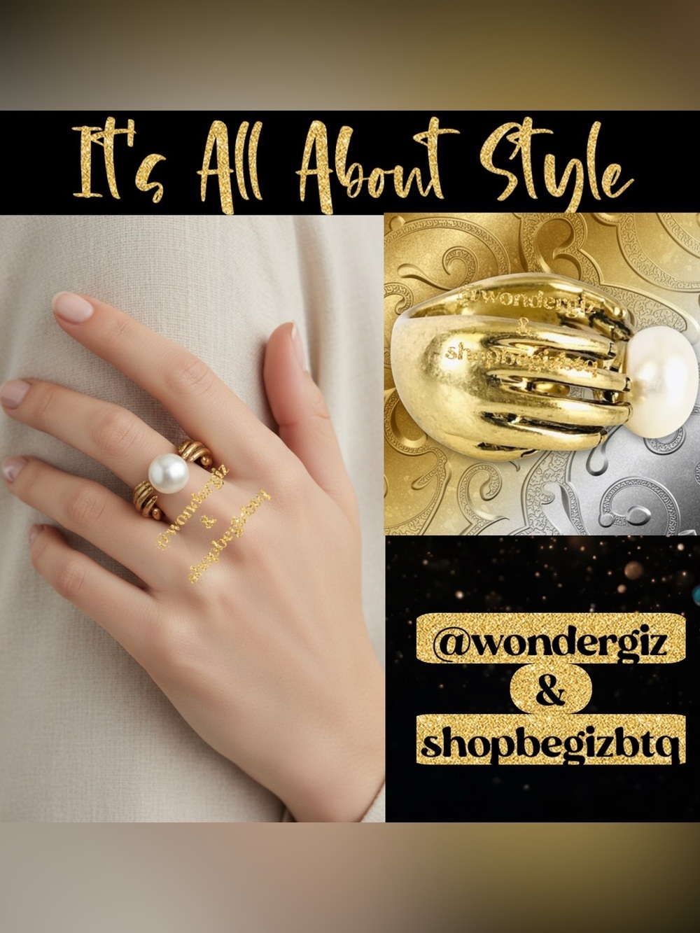 Tory Burch Authentic Vintage Gold Sculpted Hand and Pearl/Turquoise Size  7